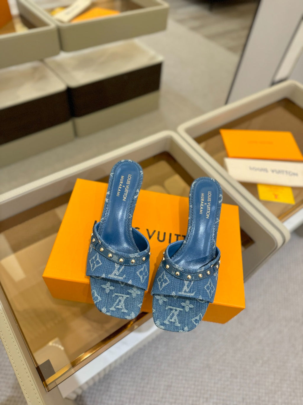 LOUIS VUITTON LV X TM 6AM HIGH 4 CM MULE IN NAVY BLUE MONOGRAM DENIM