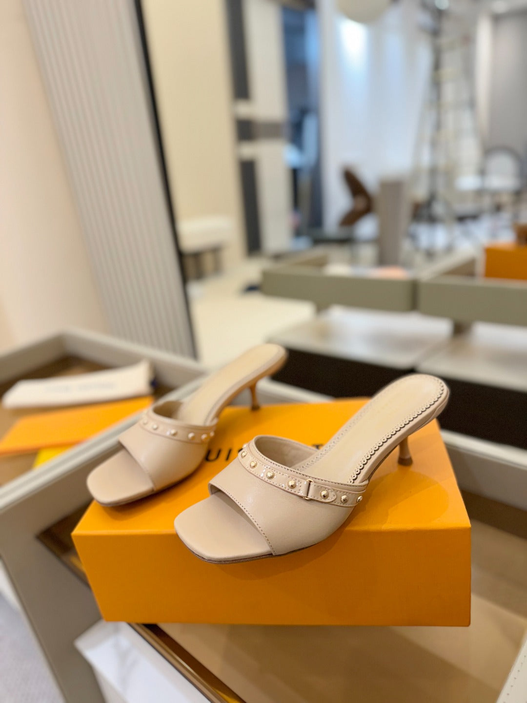 LOUIS VUITTON LV X TM 6AM HIGH 4 CM MULE IN LINEN TAN CALFSKIN