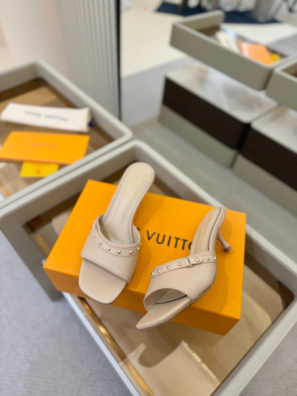 LOUIS VUITTON LV X TM 6AM HIGH 4 CM MULE IN LINEN TAN CALFSKIN