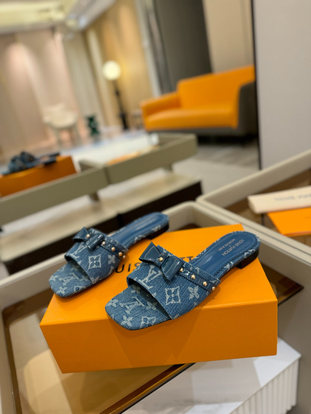 LOUIS VUITTON LV X TM 6AM FLAT MULE IN NAVY BLUE MONOGRAM DENIM