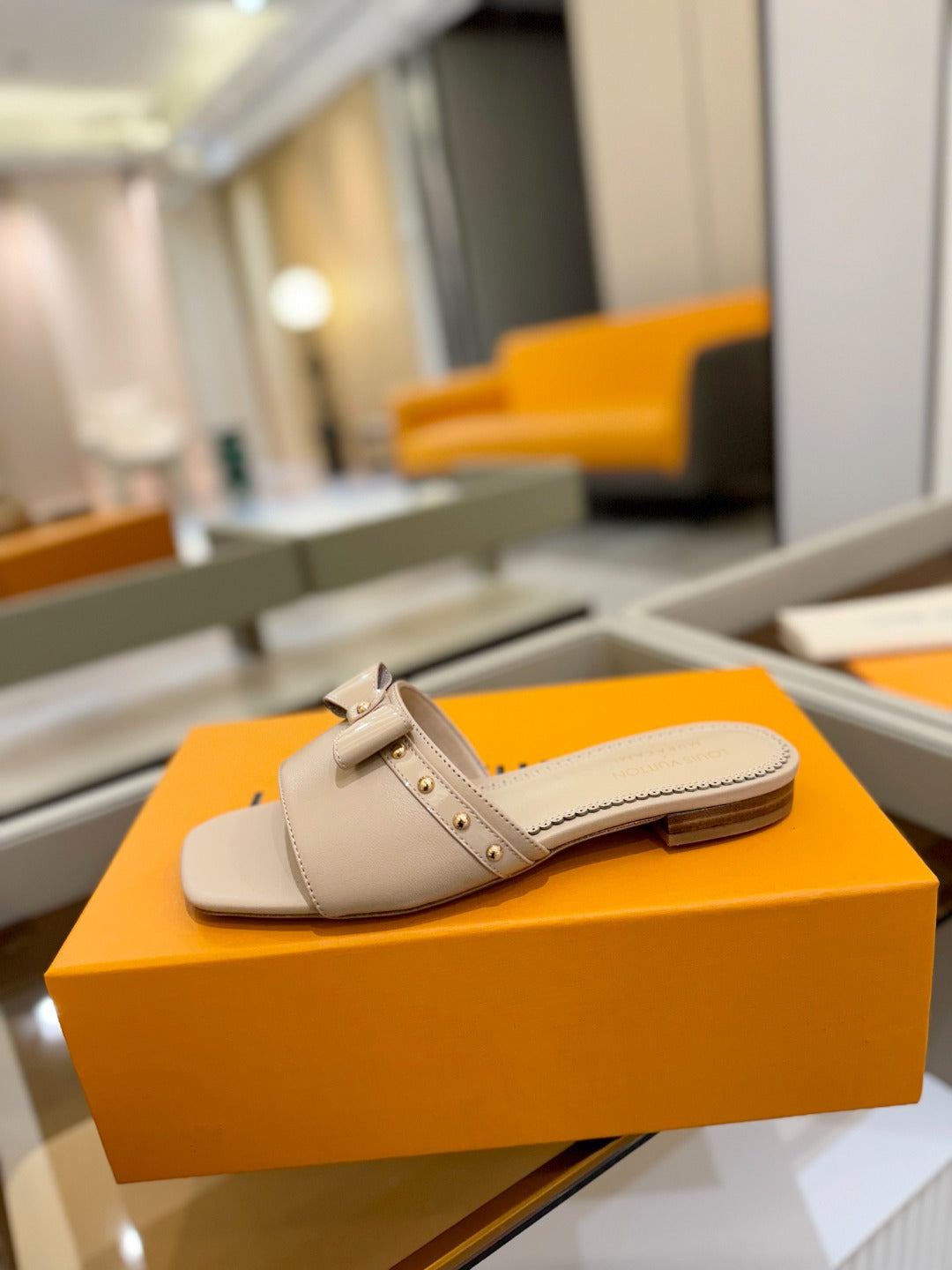 LOUIS VUITTON LV X TM 6AM FLAT MULE IN LINEN TAN CALFSKIN