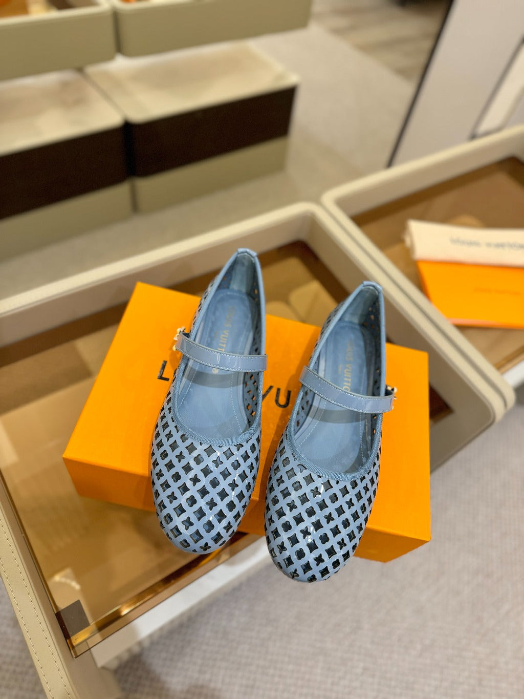 LOUIS VUITTON ROMY FLAT BALLERINA IN CERULEAN BLUE MESH PATENT CALFSKIN