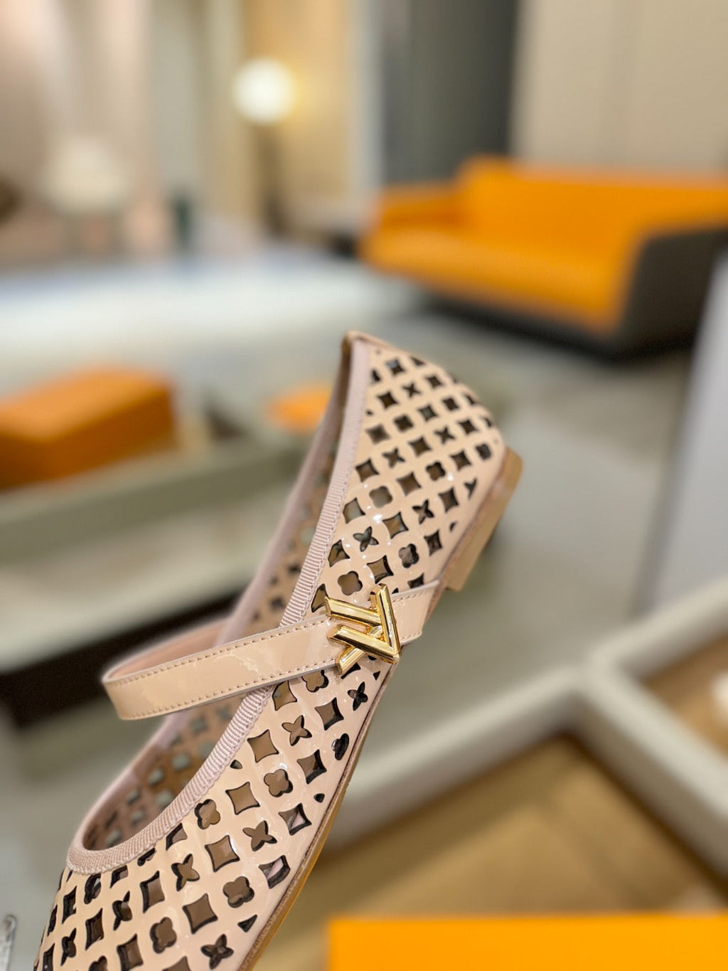 LOUIS VUITTON ROMY FLAT BALLERINA IN LIGHT PINK MESH PATENT CALFSKIN