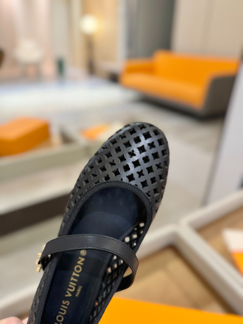 LOUIS VUITTON ROMY FLAT BALLERINA IN BLACK MESH CALFSKIN