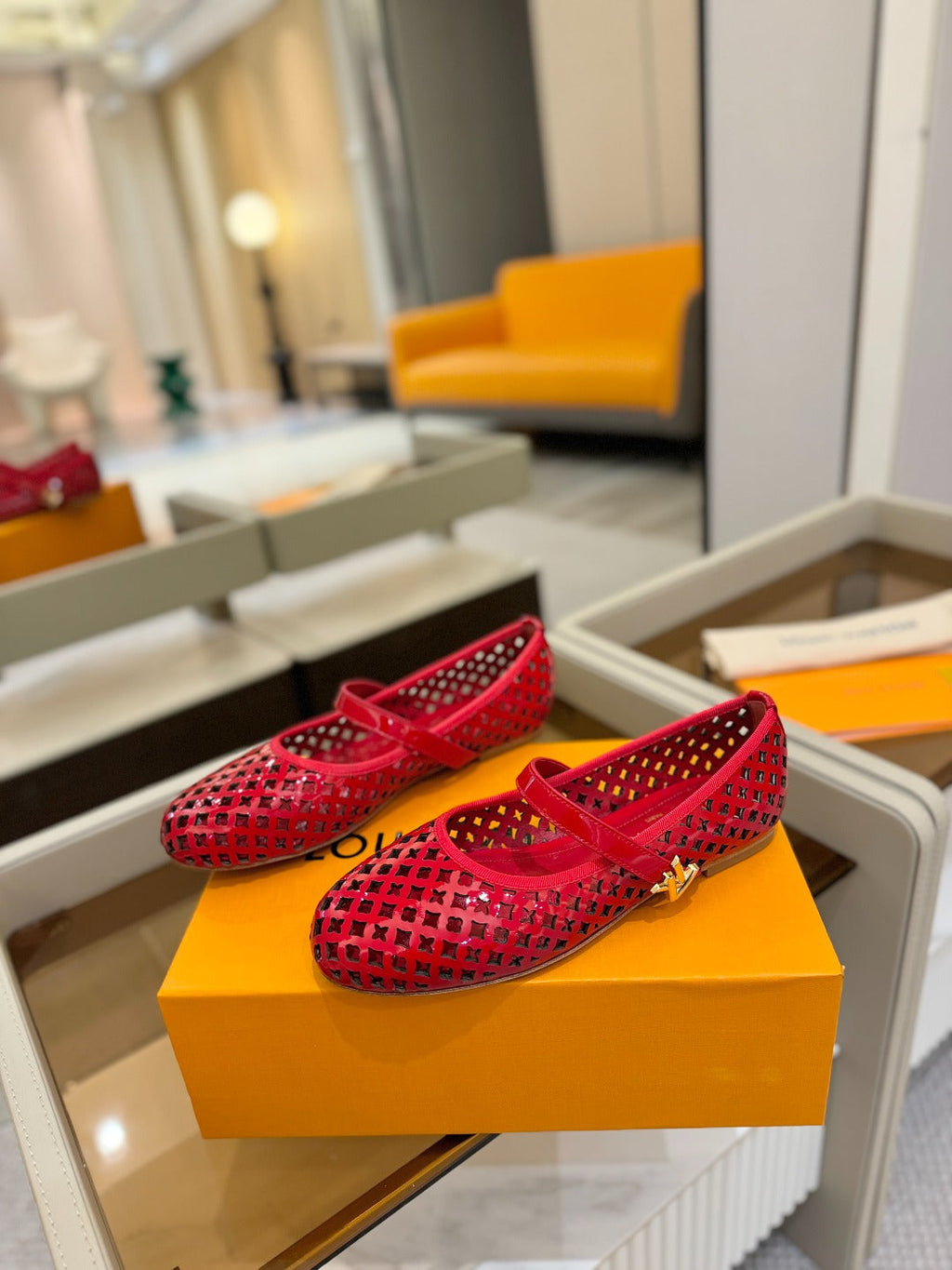 LOUIS VUITTON ROMY FLAT BALLERINA IN CHERRY RED MESH PATENT CALFSKIN