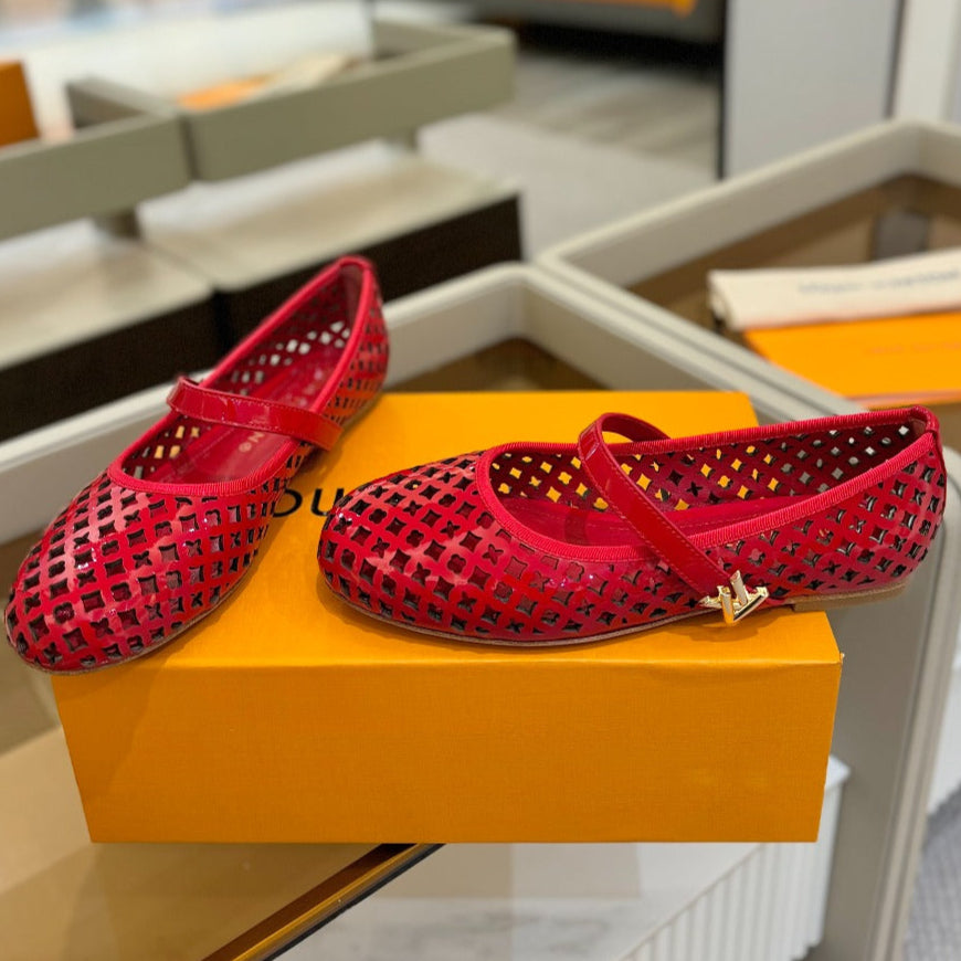 LOUIS VUITTON ROMY FLAT BALLERINA IN CHERRY RED MESH PATENT CALFSKIN