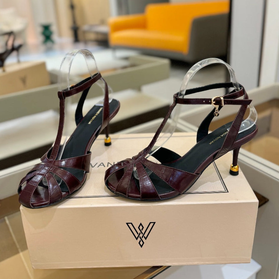 LOUIS VUITTON HIGH SANDALS 75 MM IN MAHOGANY RED PATENT CALFSKIN