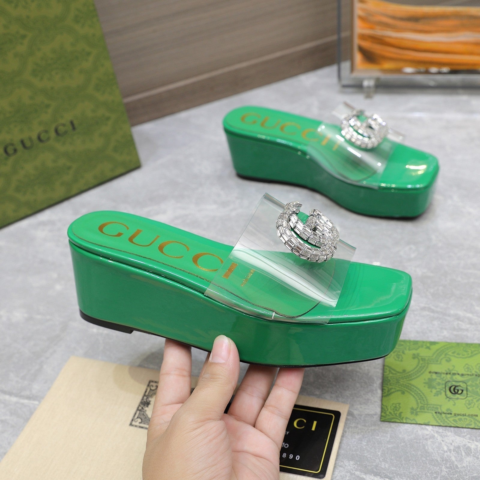 GUCCI HIGH WEDGE PLATFORM WITH DOUBLE G IN GREEN GLOSSY CALFSKIN