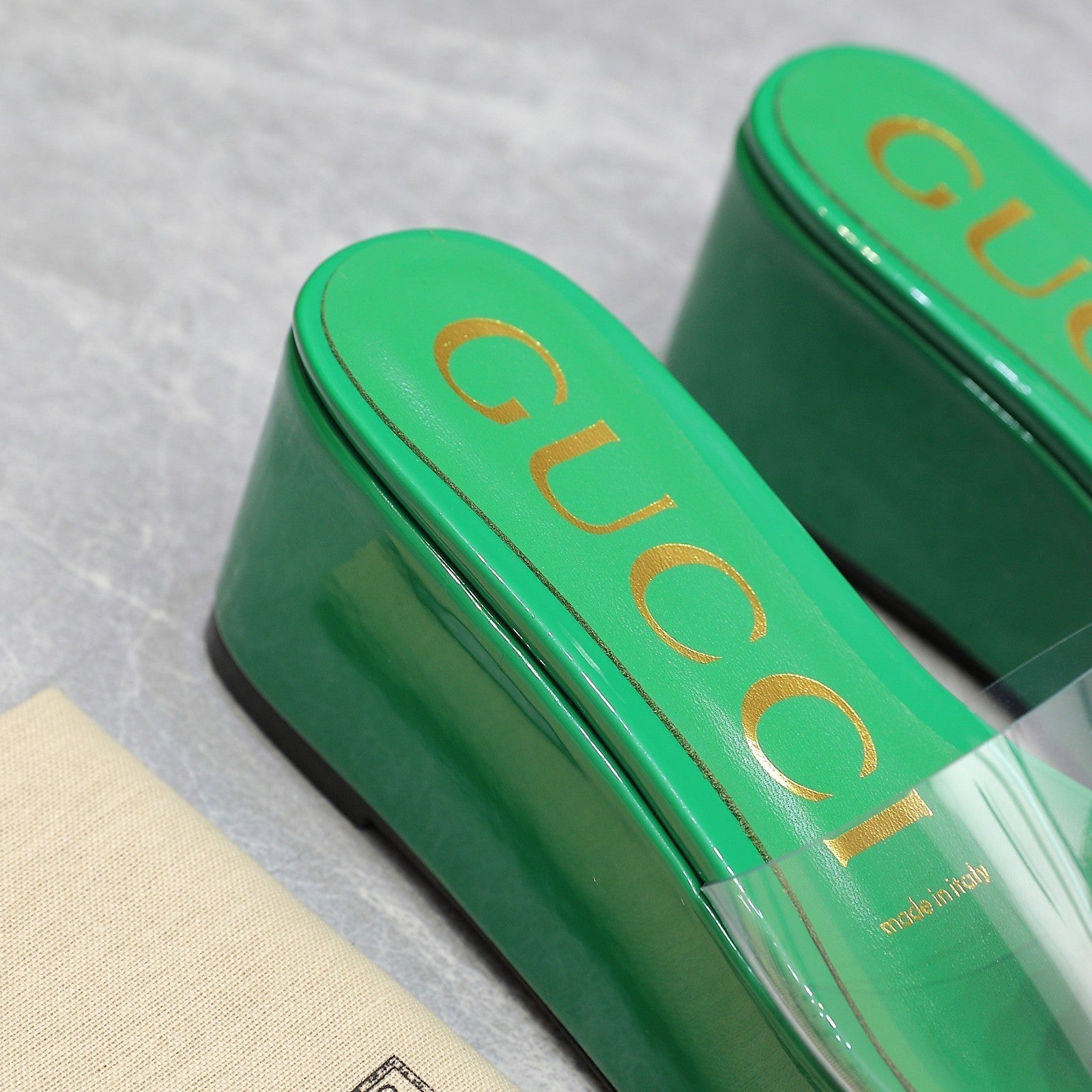 GUCCI HIGH WEDGE PLATFORM WITH DOUBLE G IN GREEN GLOSSY CALFSKIN
