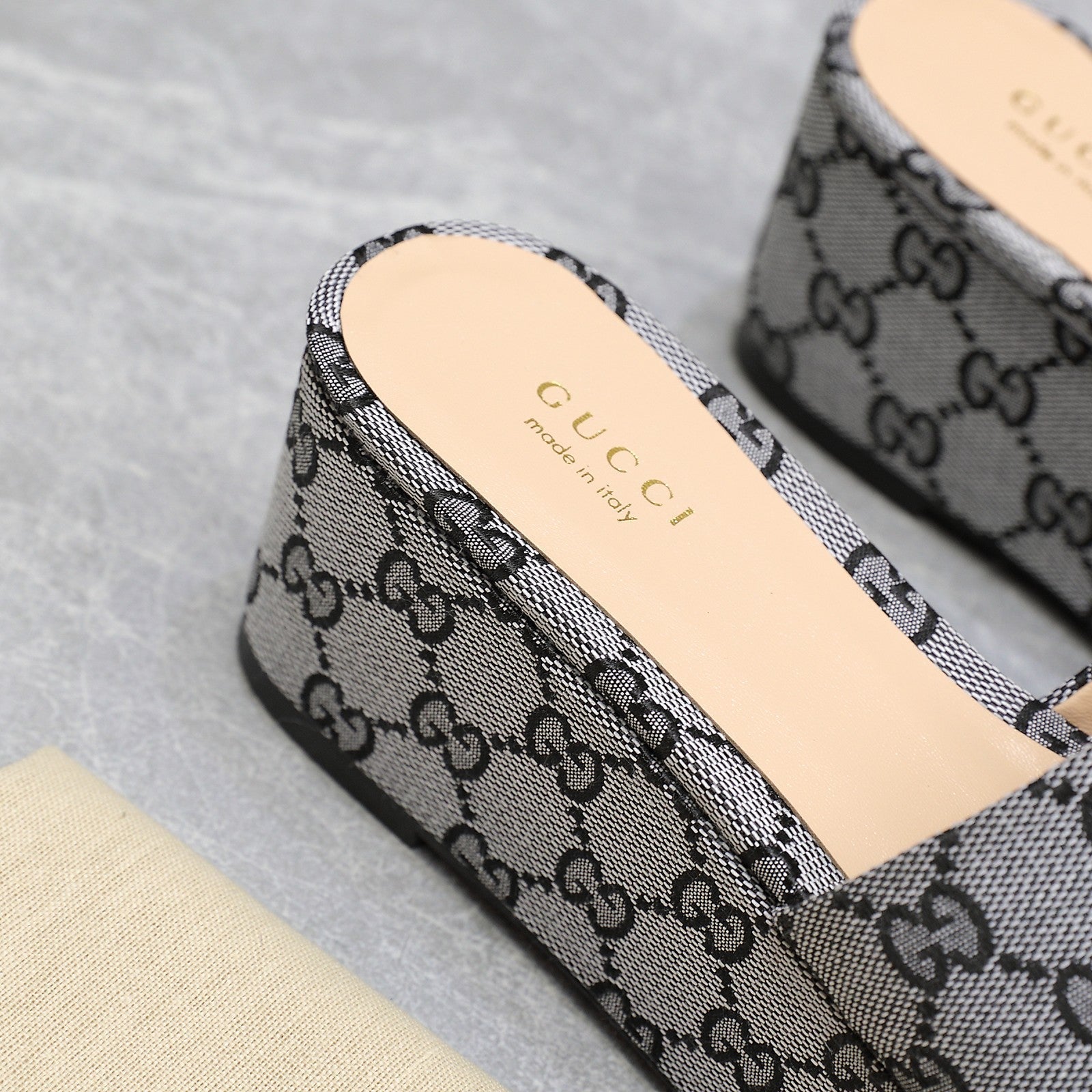 GUCCI HIGH WEDGE PLATFORM WITH DOUBLE G IN GRAY CANVAS