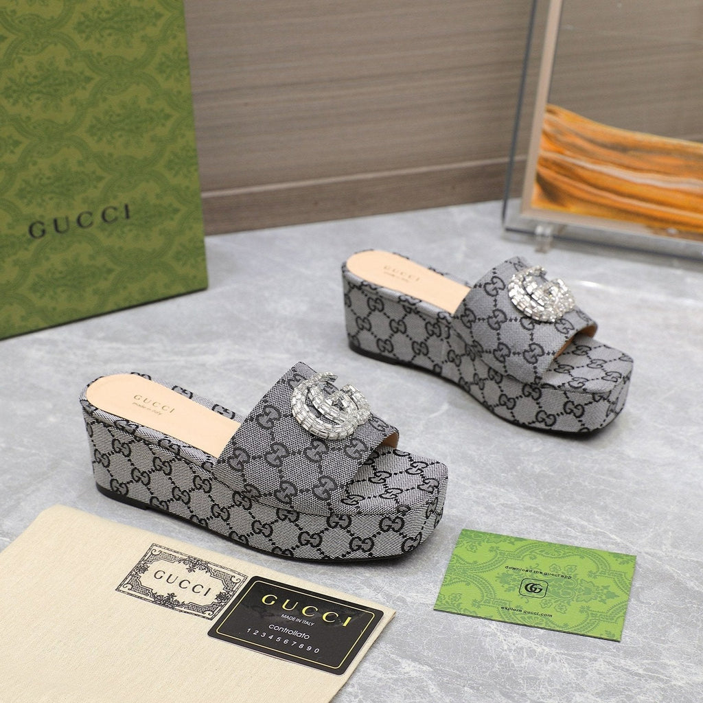 GUCCI HIGH WEDGE PLATFORM WITH DOUBLE G IN GRAY CANVAS