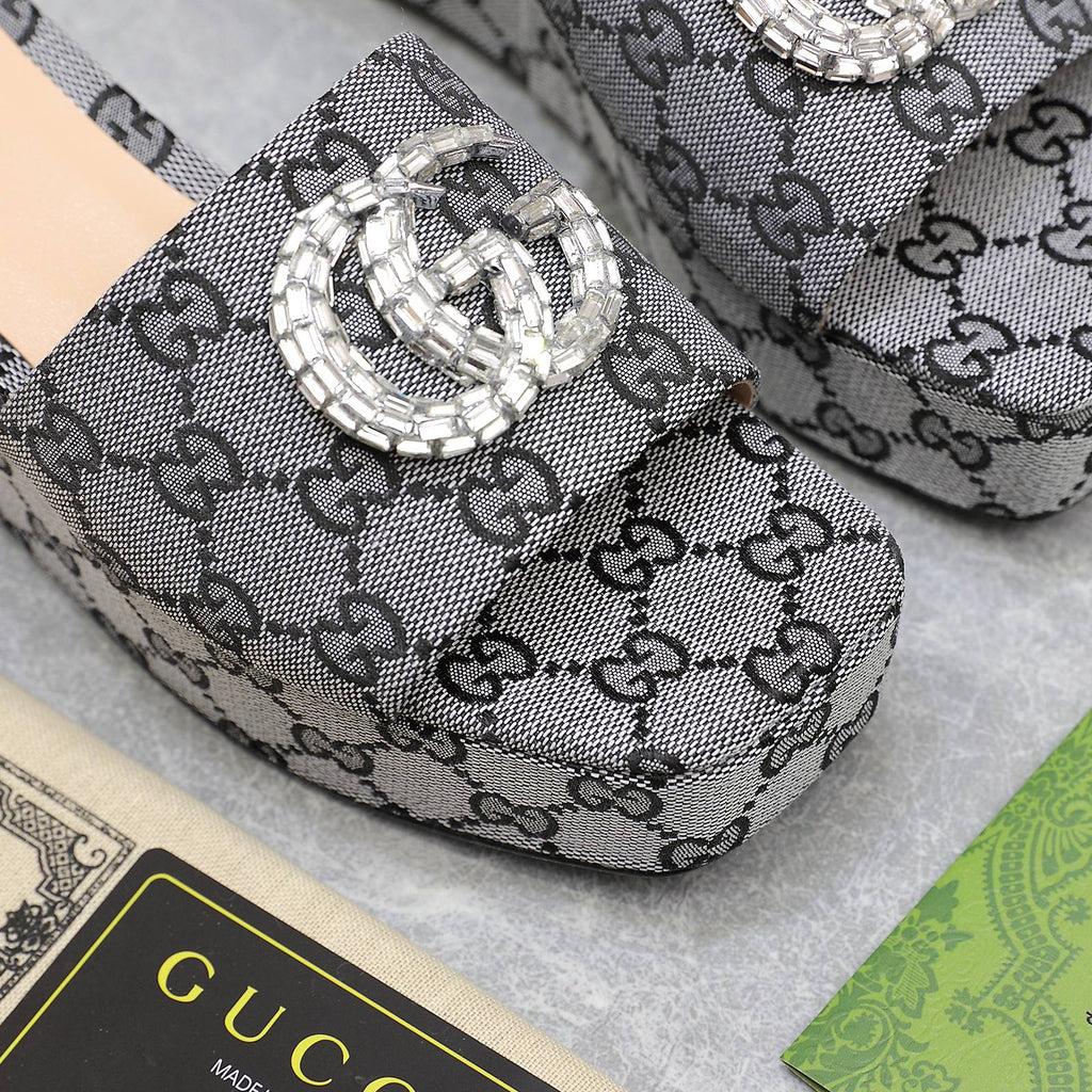 GUCCI HIGH WEDGE PLATFORM WITH DOUBLE G IN GRAY CANVAS