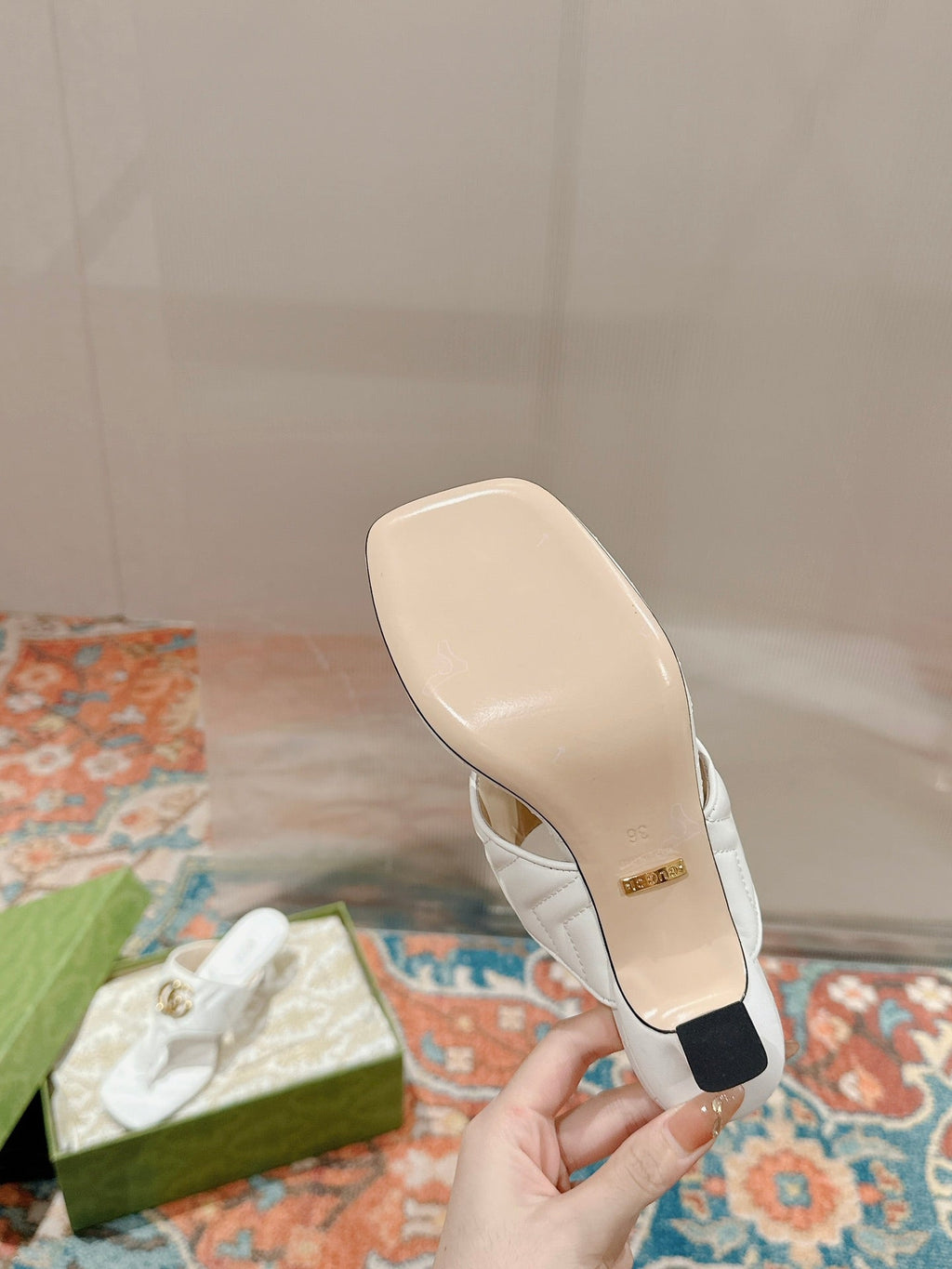 GUCCI HIGH THONG MULE 55MM IN WHITE CALFSKIN WITH GOLD HARDWARE