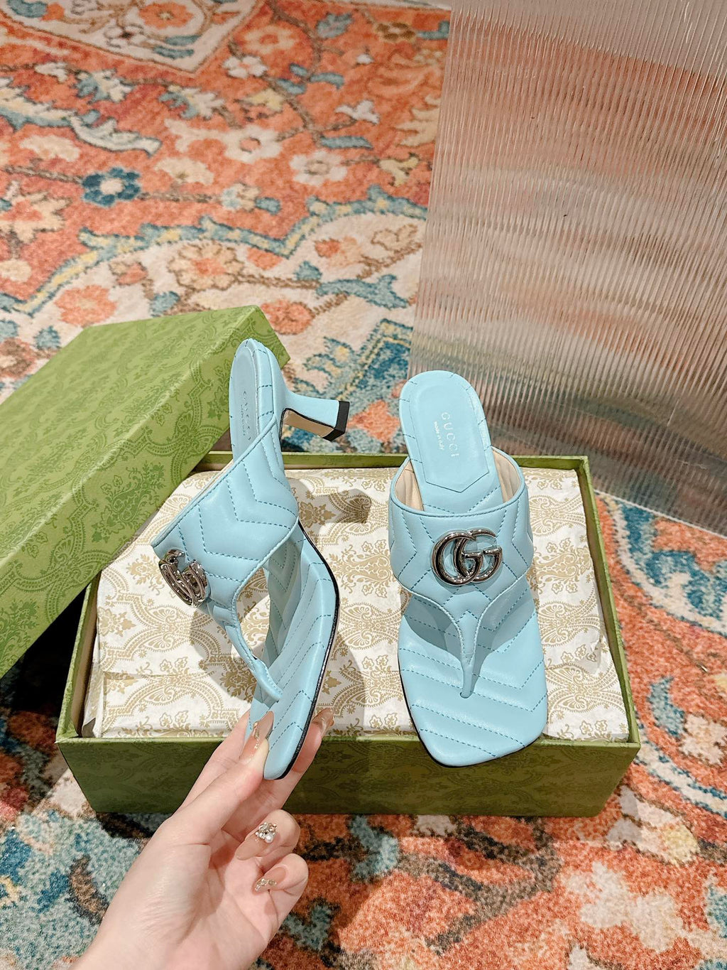 GUCCI HIGH THONG MULE 55MM IN SKY BLUE CALFSKIN WITH GOLD HARDWARE