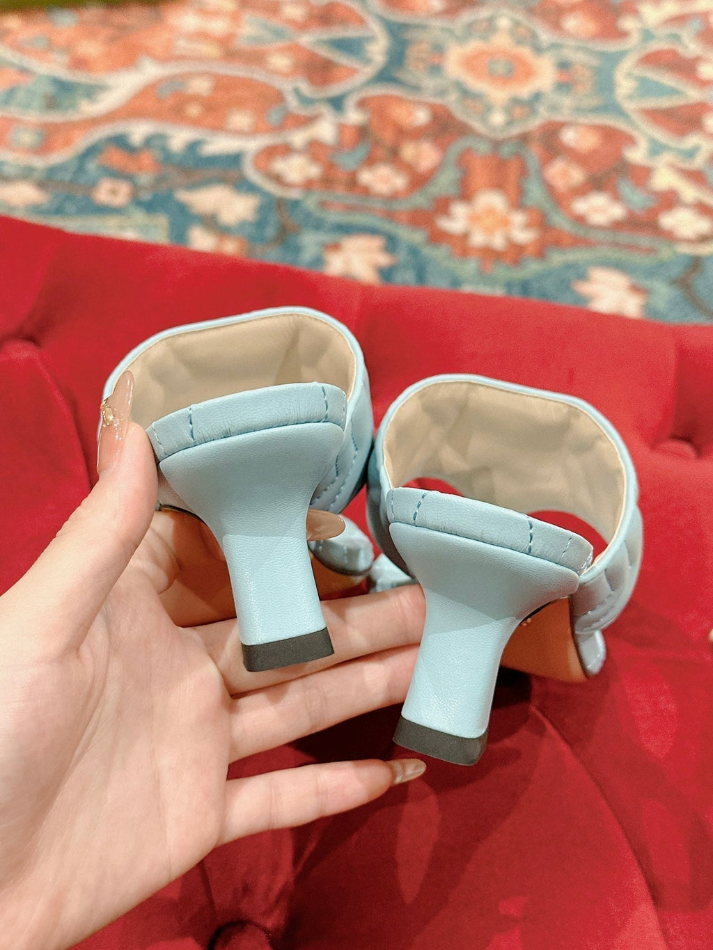 GUCCI HIGH THONG MULE 55MM IN SKY BLUE CALFSKIN WITH GOLD HARDWARE