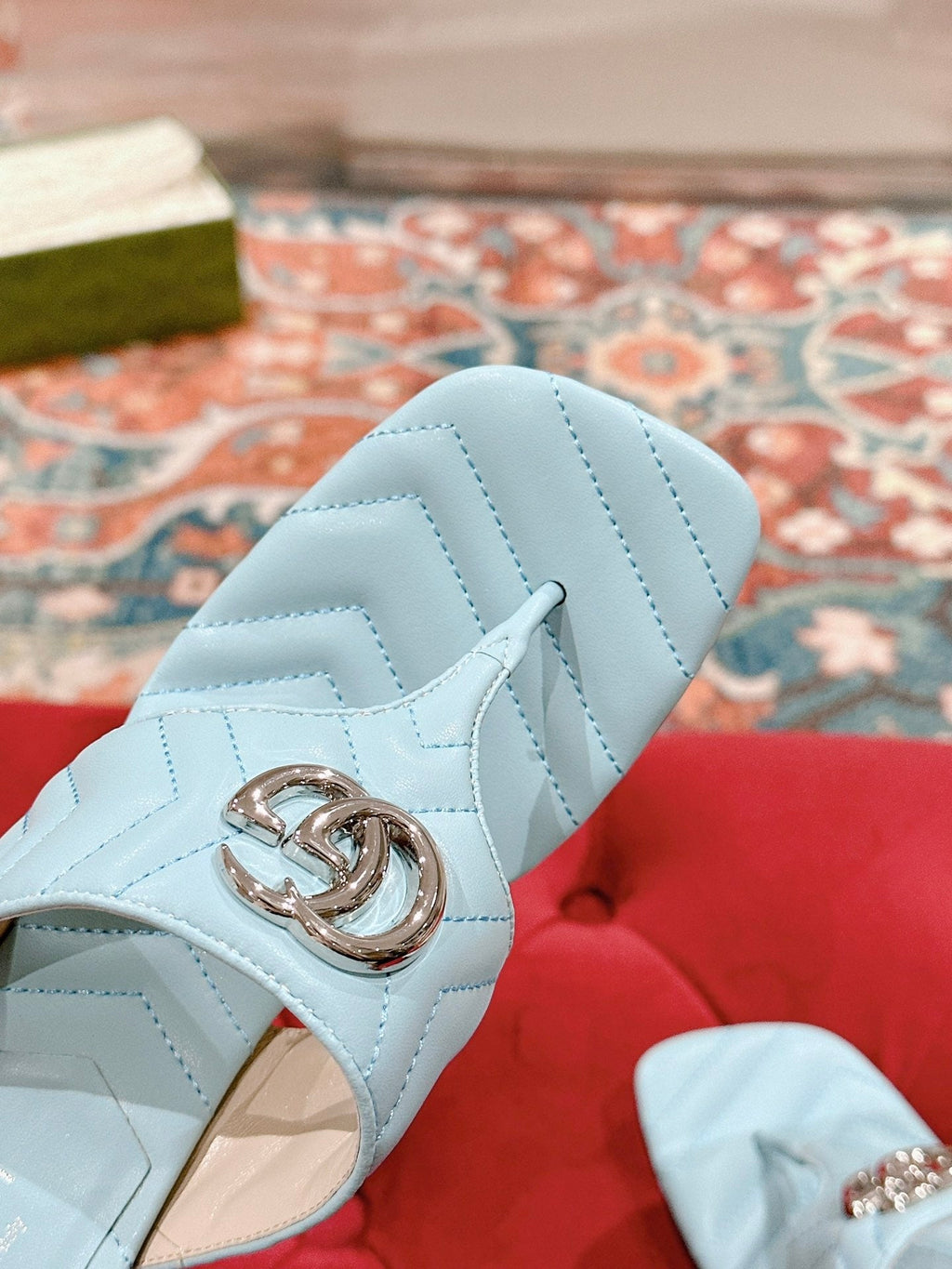 GUCCI HIGH THONG MULE 55MM IN SKY BLUE CALFSKIN WITH GOLD HARDWARE