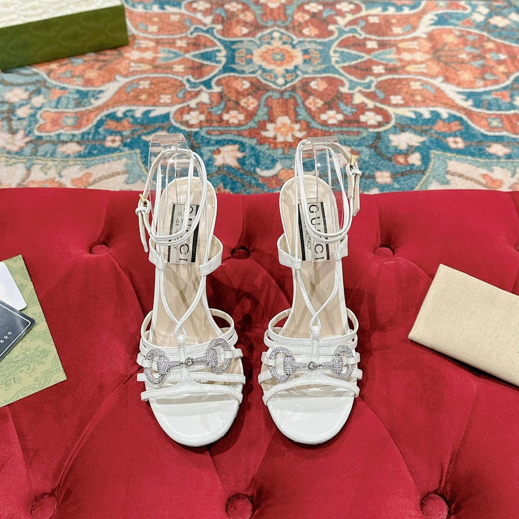 GUCCI CRYSTAL HORSEBIT SANDAL WHITE LAMBSKIN