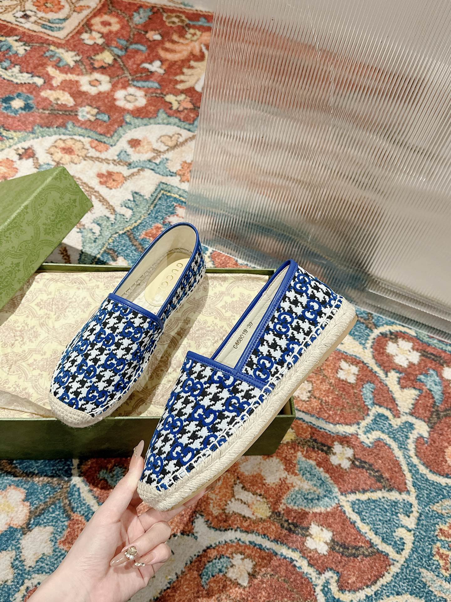 GUCCI ESPADRILLE LOAFER COBALT AND BLACK CANVAS