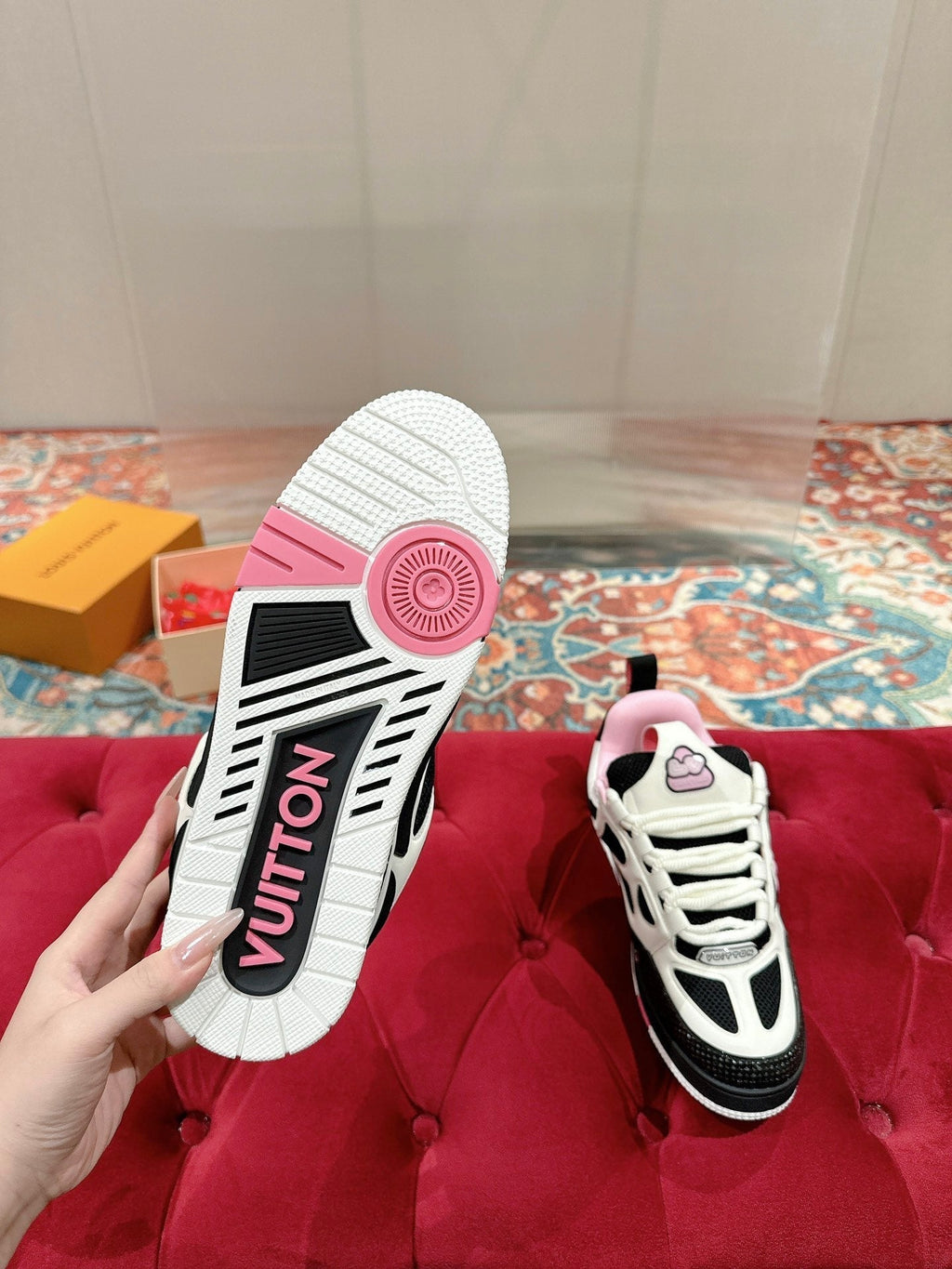 LOUIS VUITTON LV SKATE SNEAKER IN WHITE MIX BLACK AND LIGHT PINK CALFSKIN