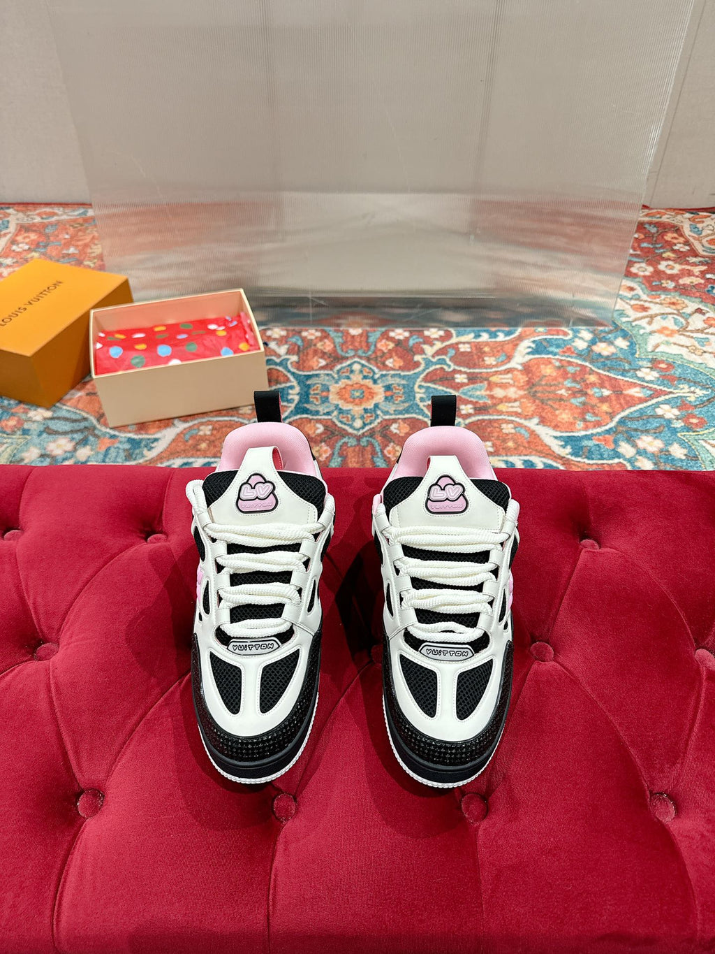 LOUIS VUITTON LV SKATE SNEAKER IN WHITE MIX BLACK AND LIGHT PINK CALFSKIN