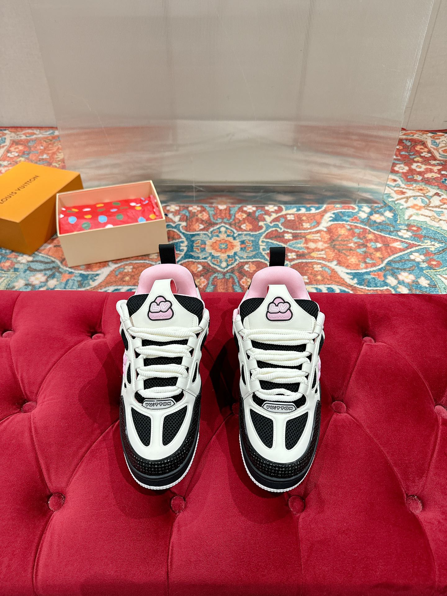 LOUIS VUITTON LV SKATE SNEAKER IN WHITE MIX BLACK AND LIGHT PINK CALFSKIN