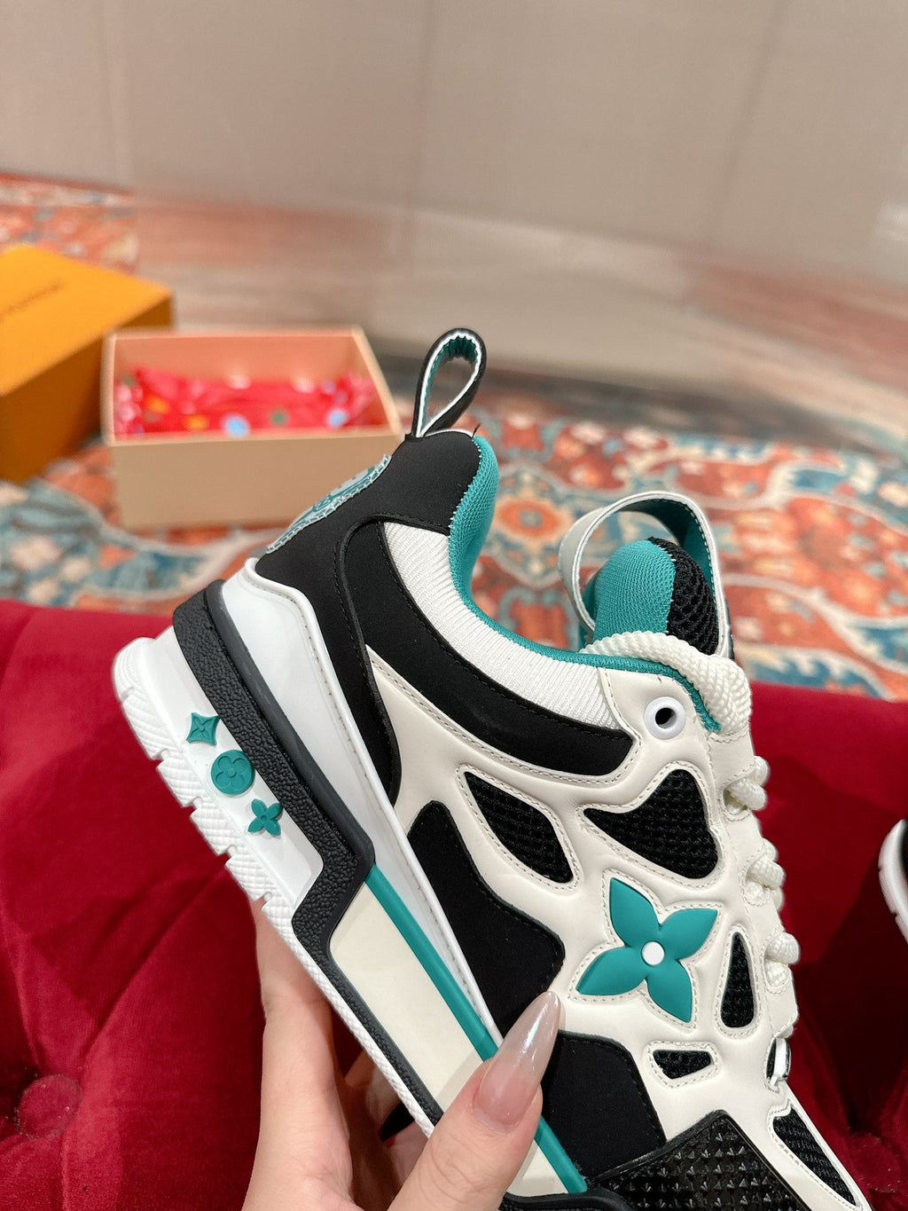 LOUIS VUITTON LV SKATE SNEAKER IN WHITE MIX BLACK AND PERSIAN GREEN CALFSKIN