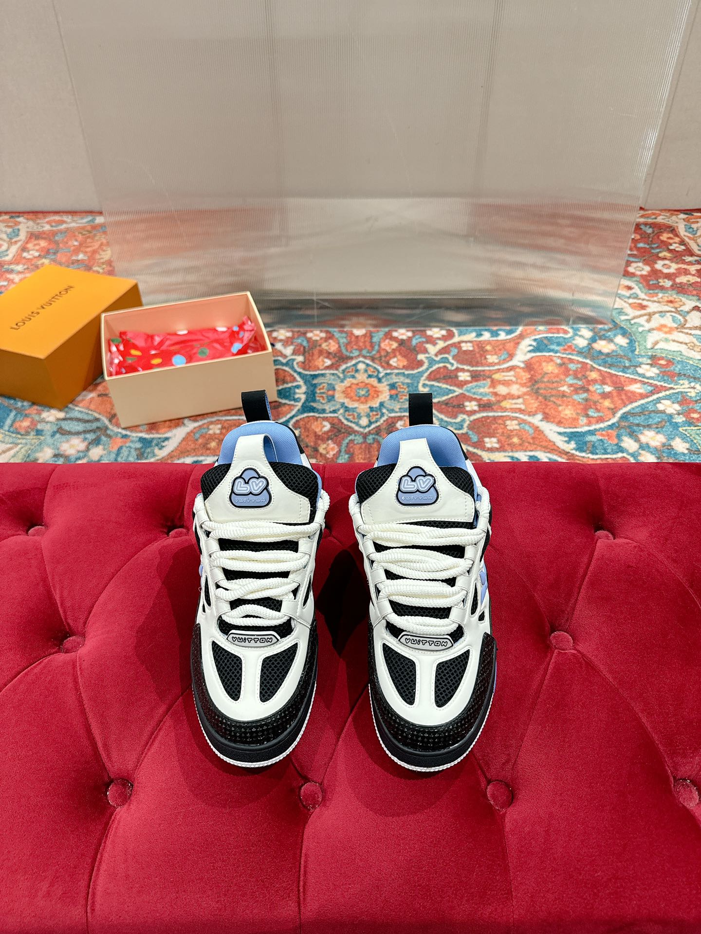 LOUIS VUITTON LV SKATE SNEAKER IN WHITE MIX BLACK AND SKY BLUE CALFSKIN
