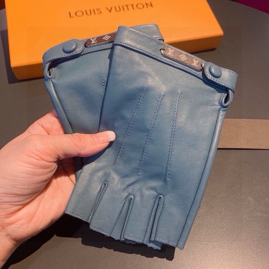 LOUIS VUITTON FINGERLESS GLOVES IN BLUE GREEN LAMBSKIN 453647