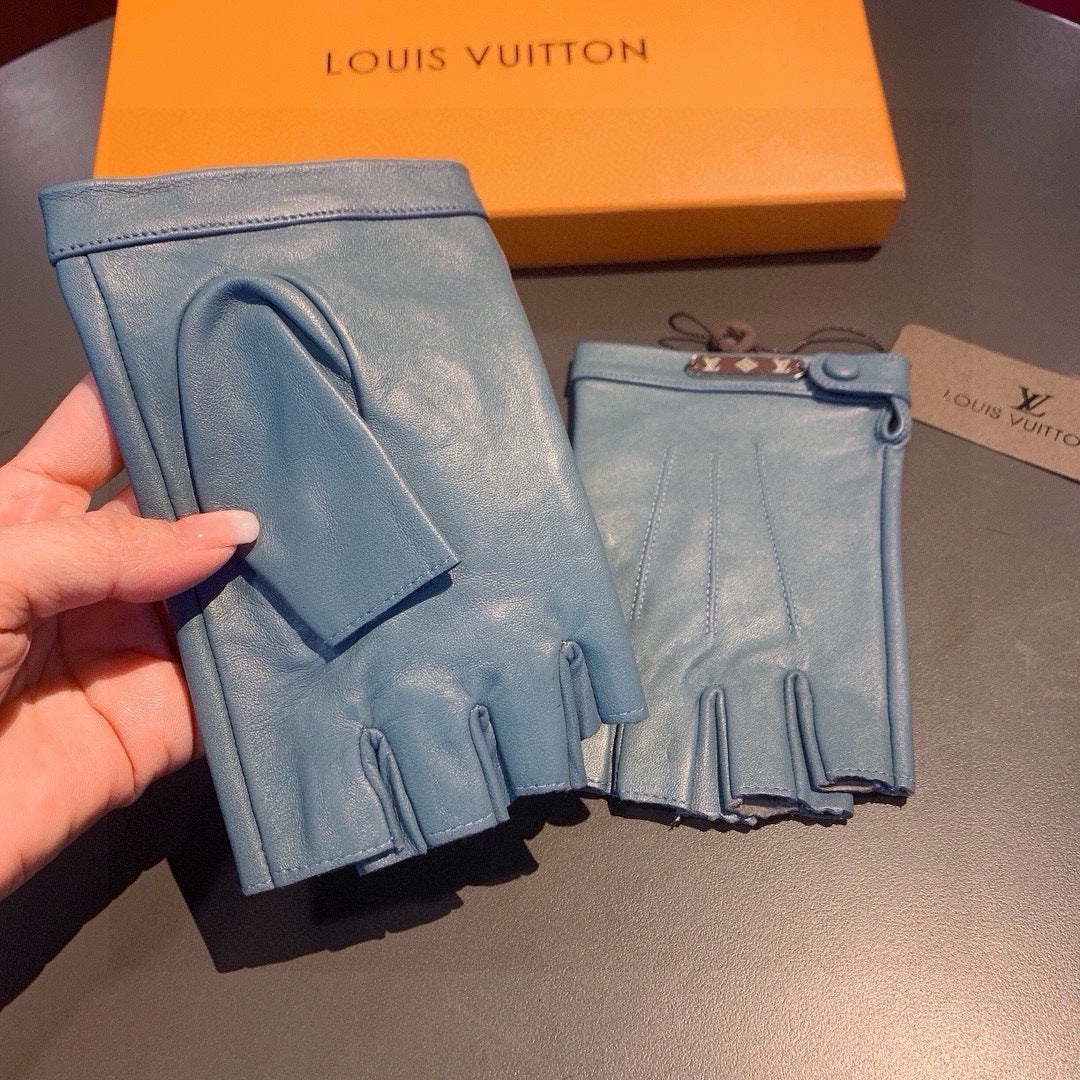 LOUIS VUITTON FINGERLESS GLOVES IN BLUE GREEN LAMBSKIN 453647