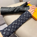LOUIS VUITTON FINGERLESS LONG GLOVES IN BLACK MONOGRAM DENIM AND LAMBSKIN