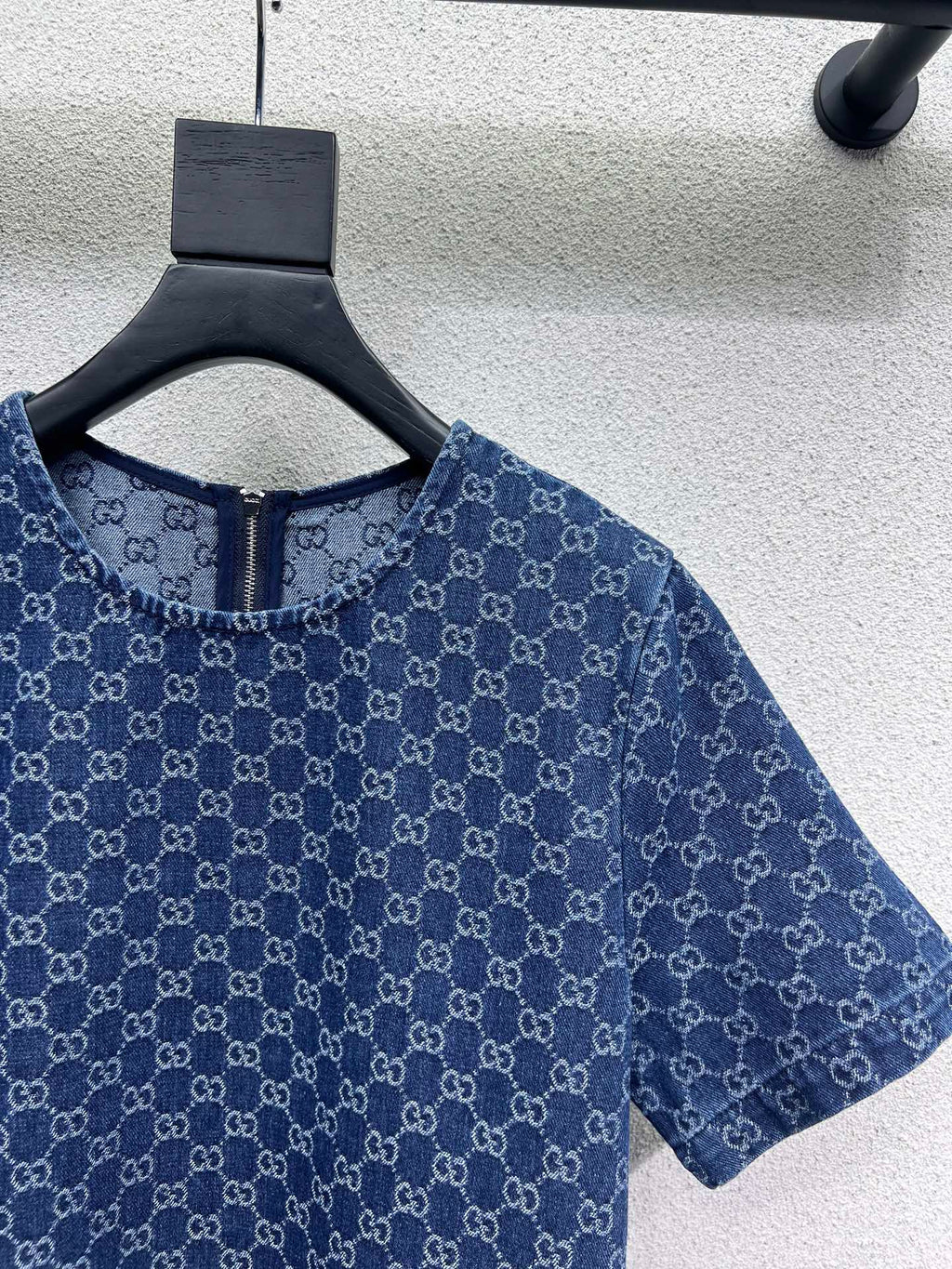GUCCI Blue Monogram Crystal Embellished Mini Dress