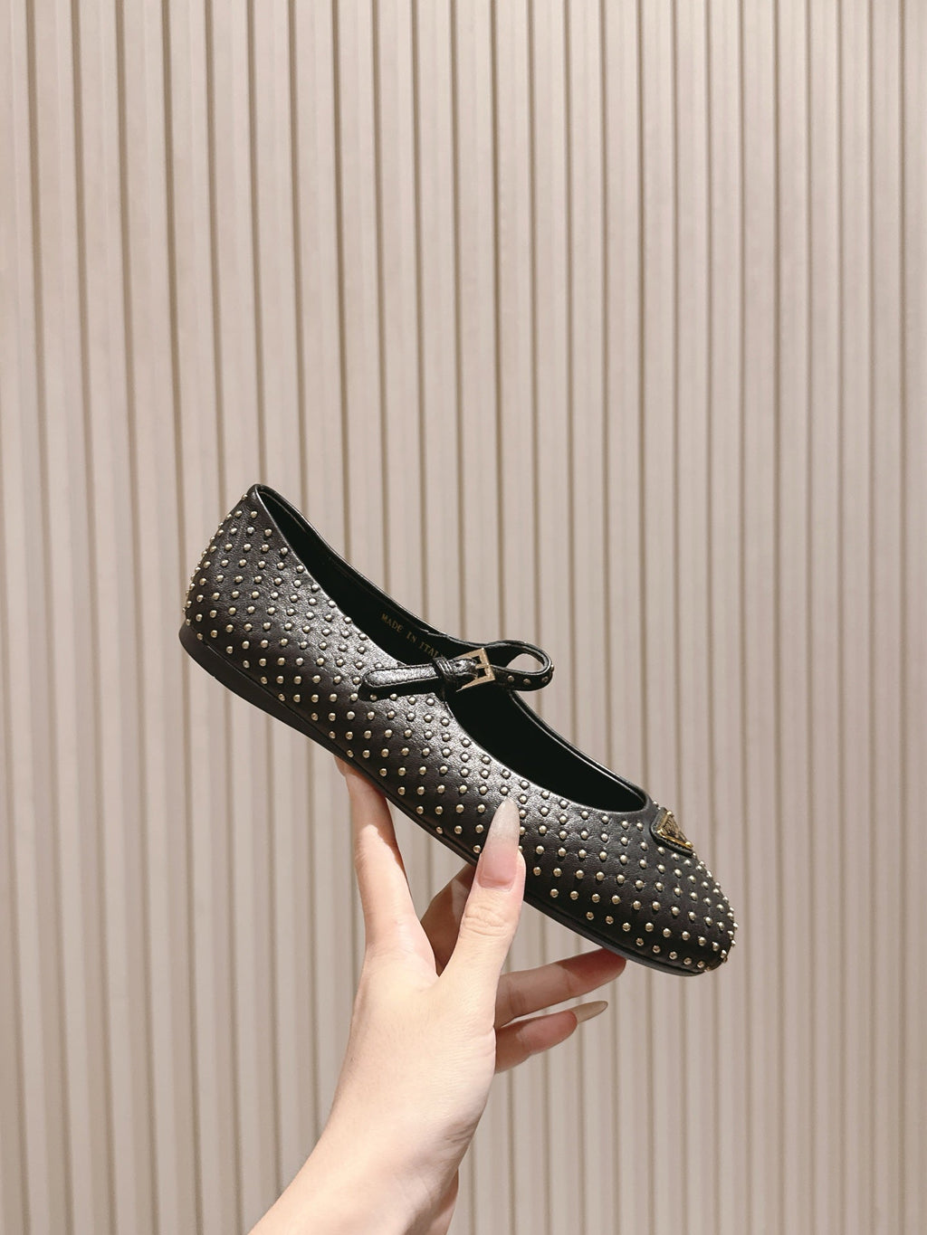 PRADA 25S STUD EMBELLISHED BALLERINA IN BLACK CALFSKIN