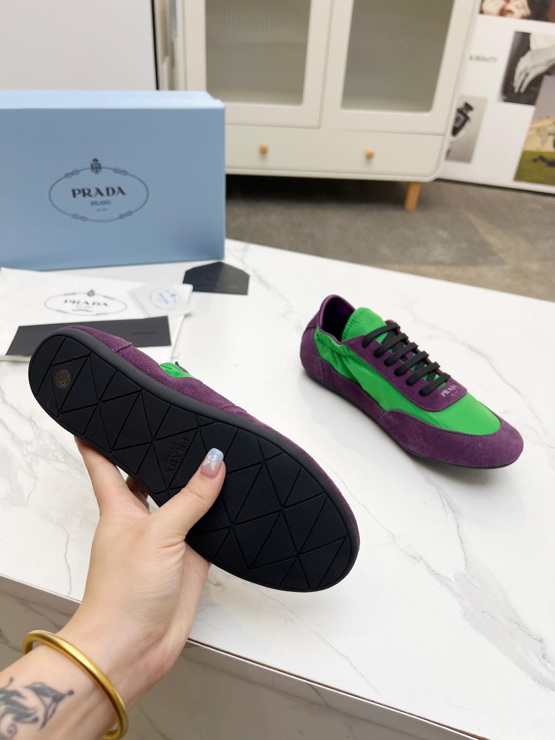 PRADA COLLAPSE SNEAKERS IN PURPLE SUEDE AND GREEN NYLON