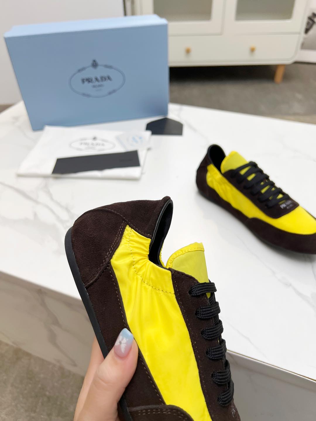 PRADA COLLAPSE SNEAKERS IN CHOCOLATE SUEDE AND YELLOW NYLON