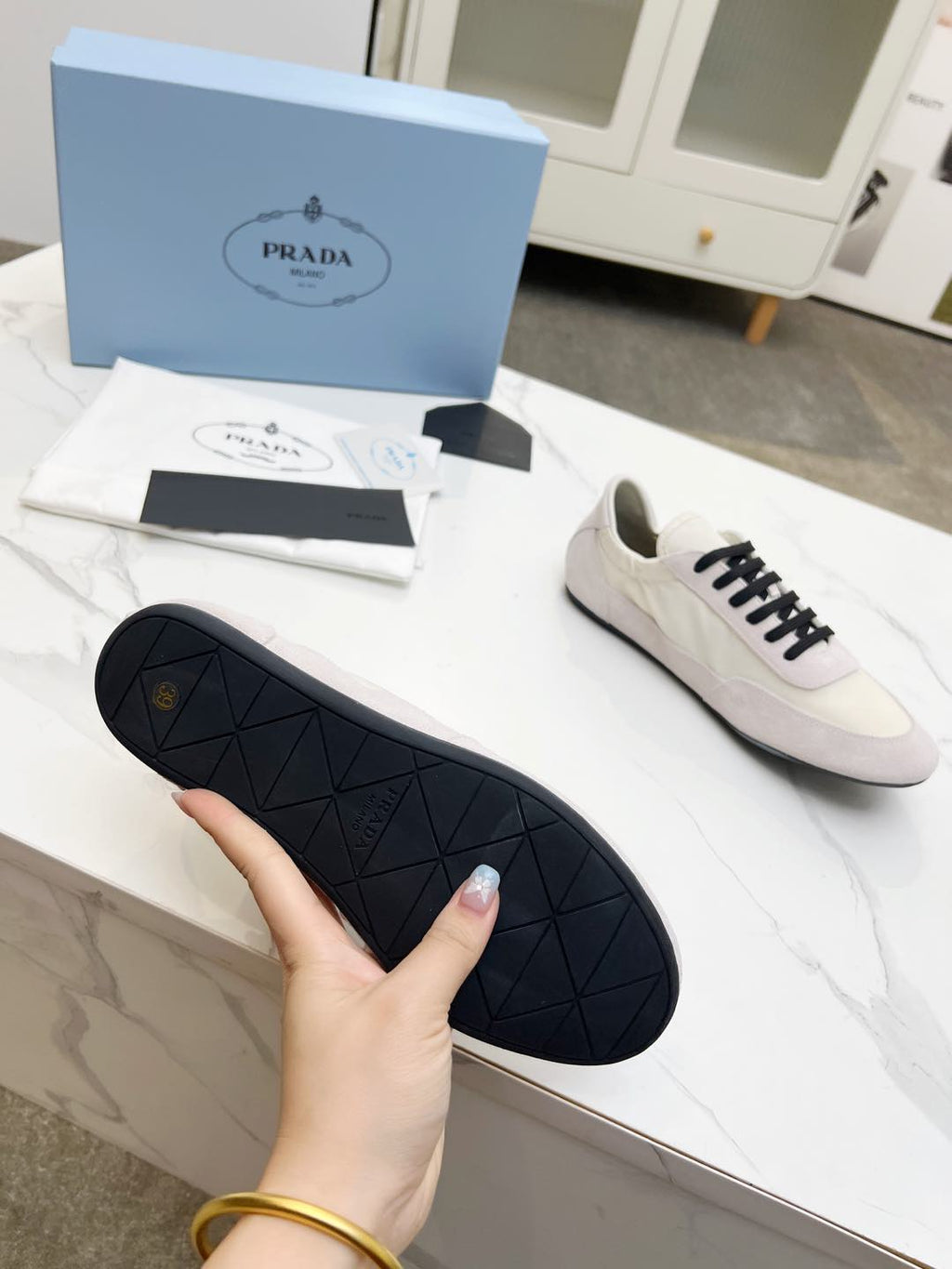 PRADA COLLAPSE SNEAKERS IN BEIGE SUEDE AND NYLON