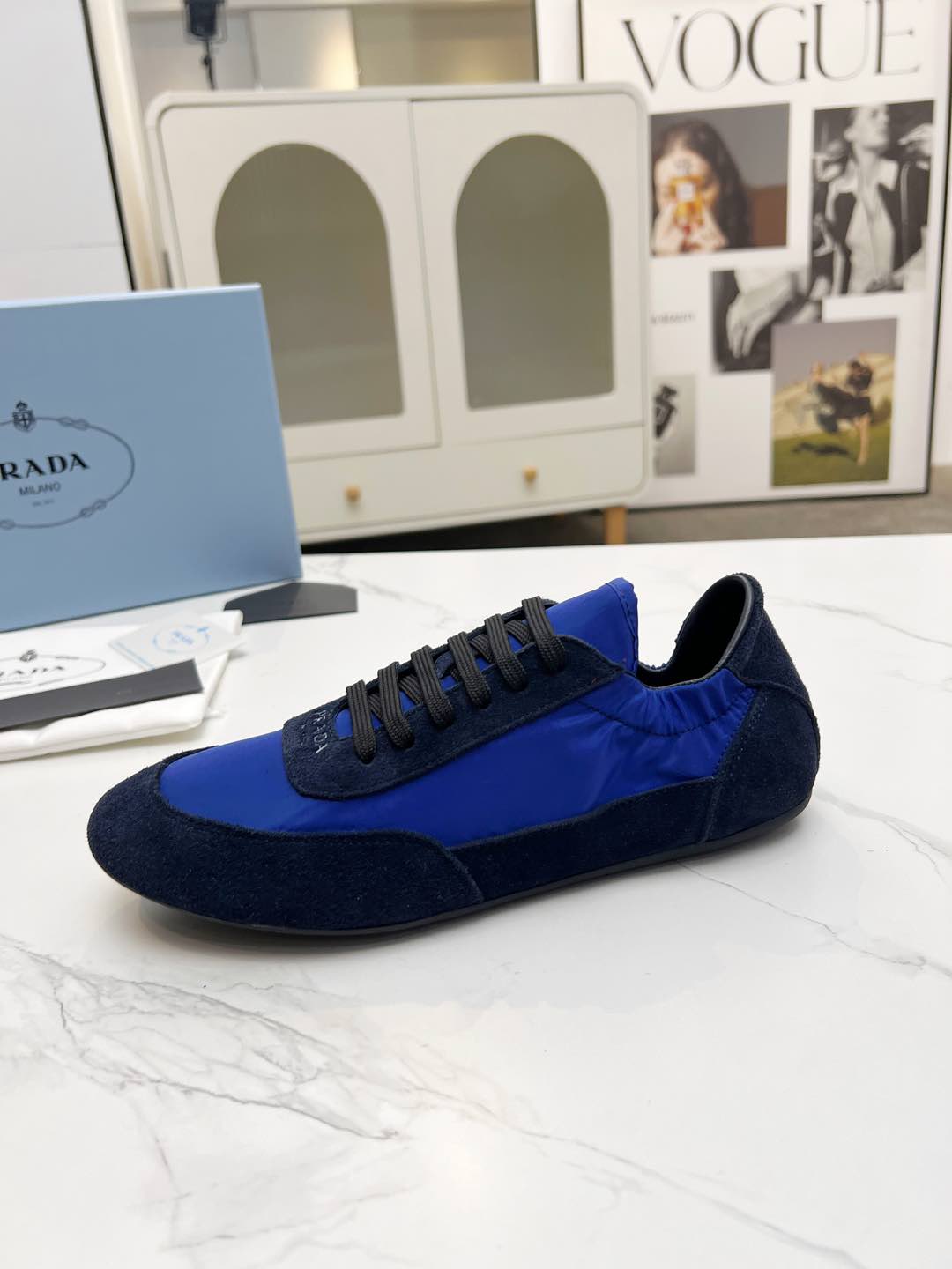PRADA COLLAPSE SNEAKERS IN BLUE SUEDE AND NYLON