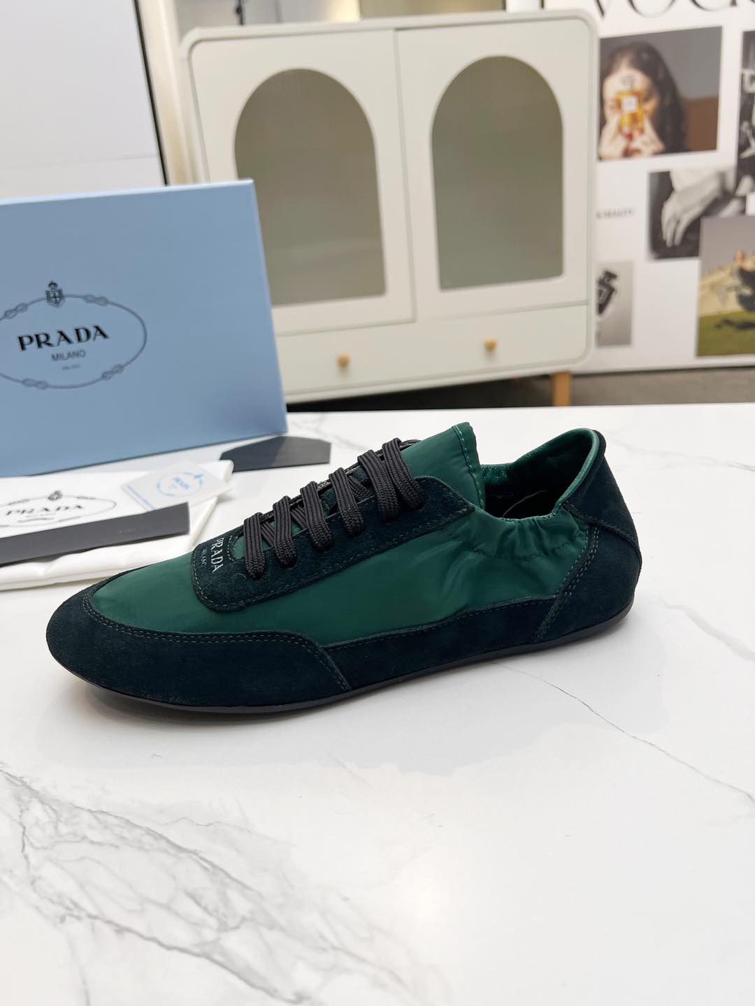 PRADA COLLAPSE SNEAKERS IN BLACK SUEDE AND FOREST GREEN NYLON