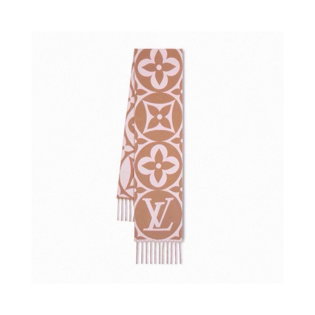 LOUIS VUITTON MEDALLION SCARF 235 CM IN PEANUT BROWN MIX WHITE WOOL 399899