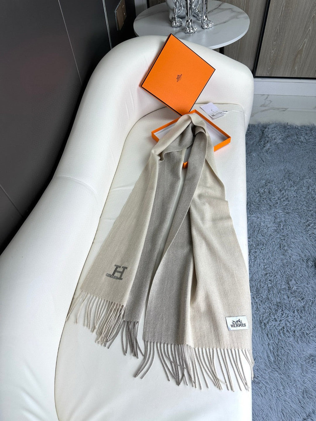 HERMES SCARF 190 CM IN WHITE MIX GRAY CASERE