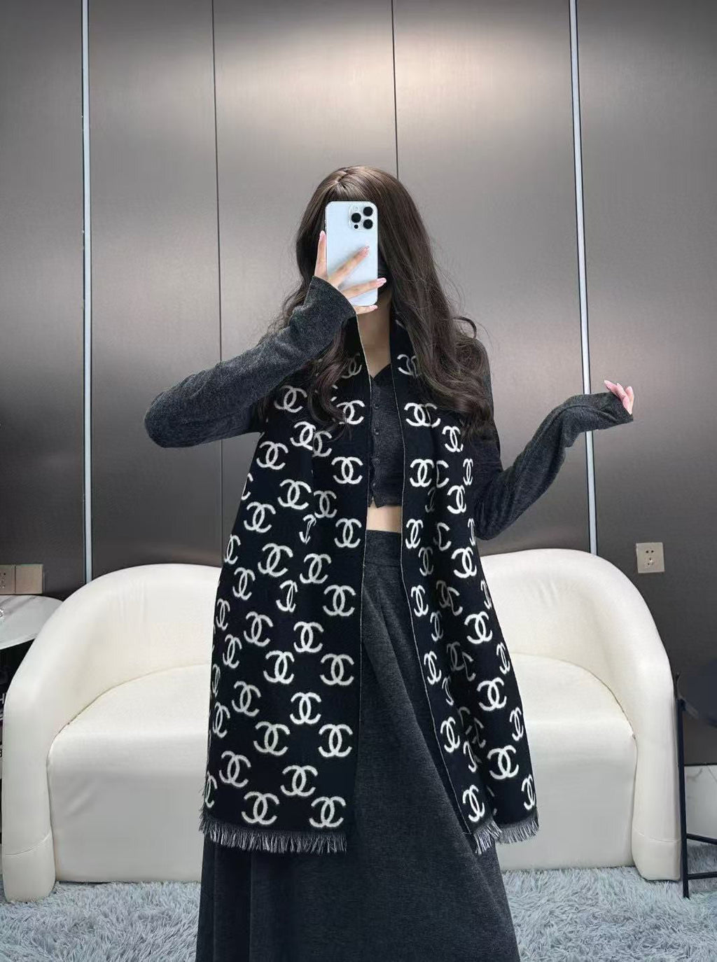 CHANEL 25S SCARF 180 IN CASHMERE WOOL 733942
