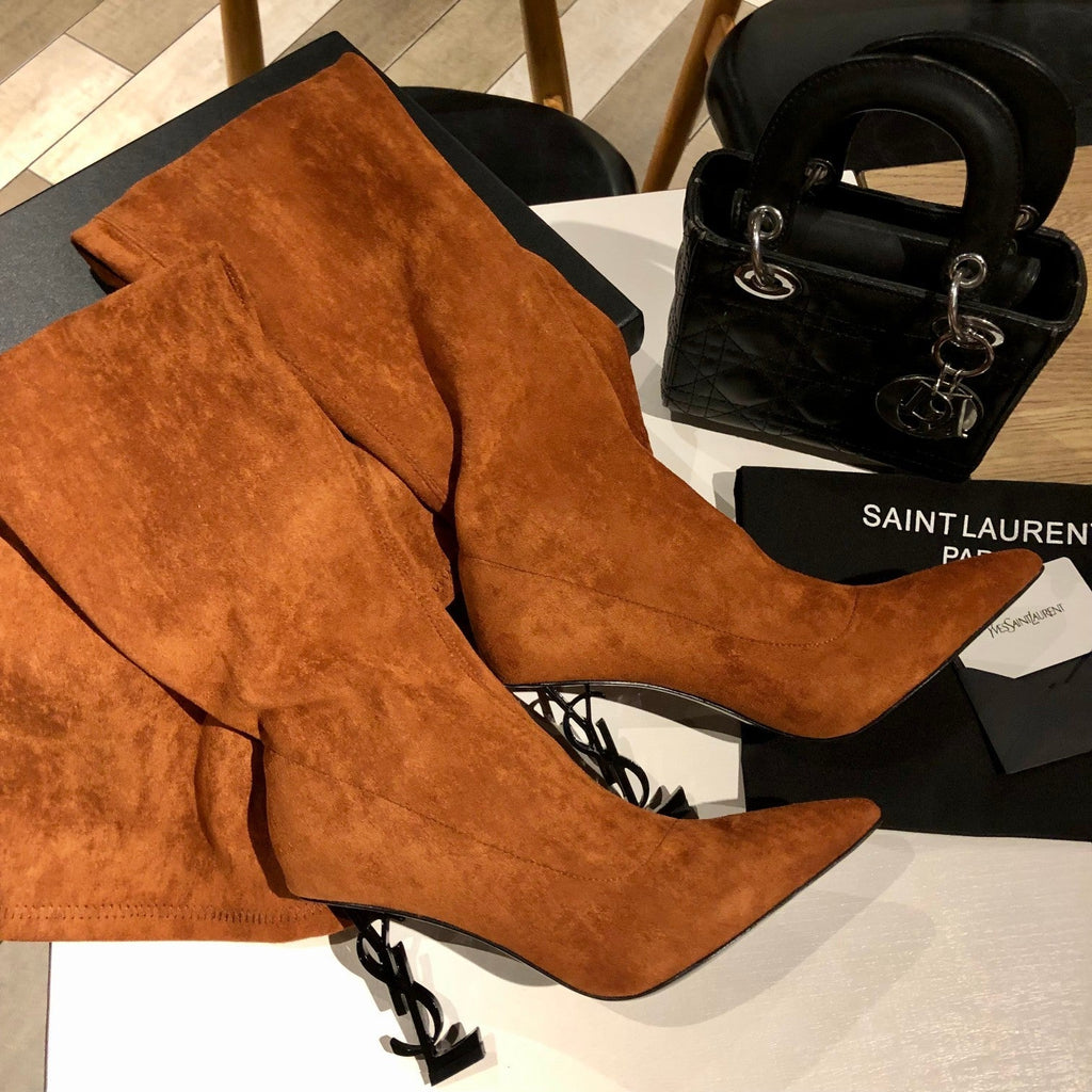 OPYUM THIGH HIGH BOOTS IN BRONZE BROWN VELVET