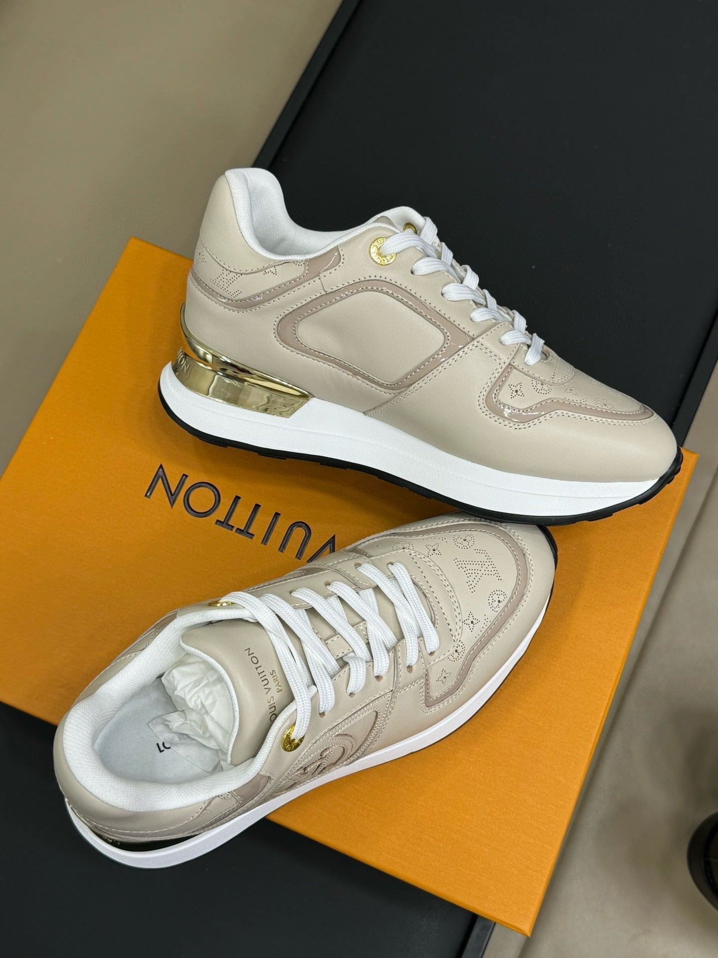 LOUIS VUITTON LV NEO RUN AWAY SNEAKER IN KHAKI TAN CALFSKIN