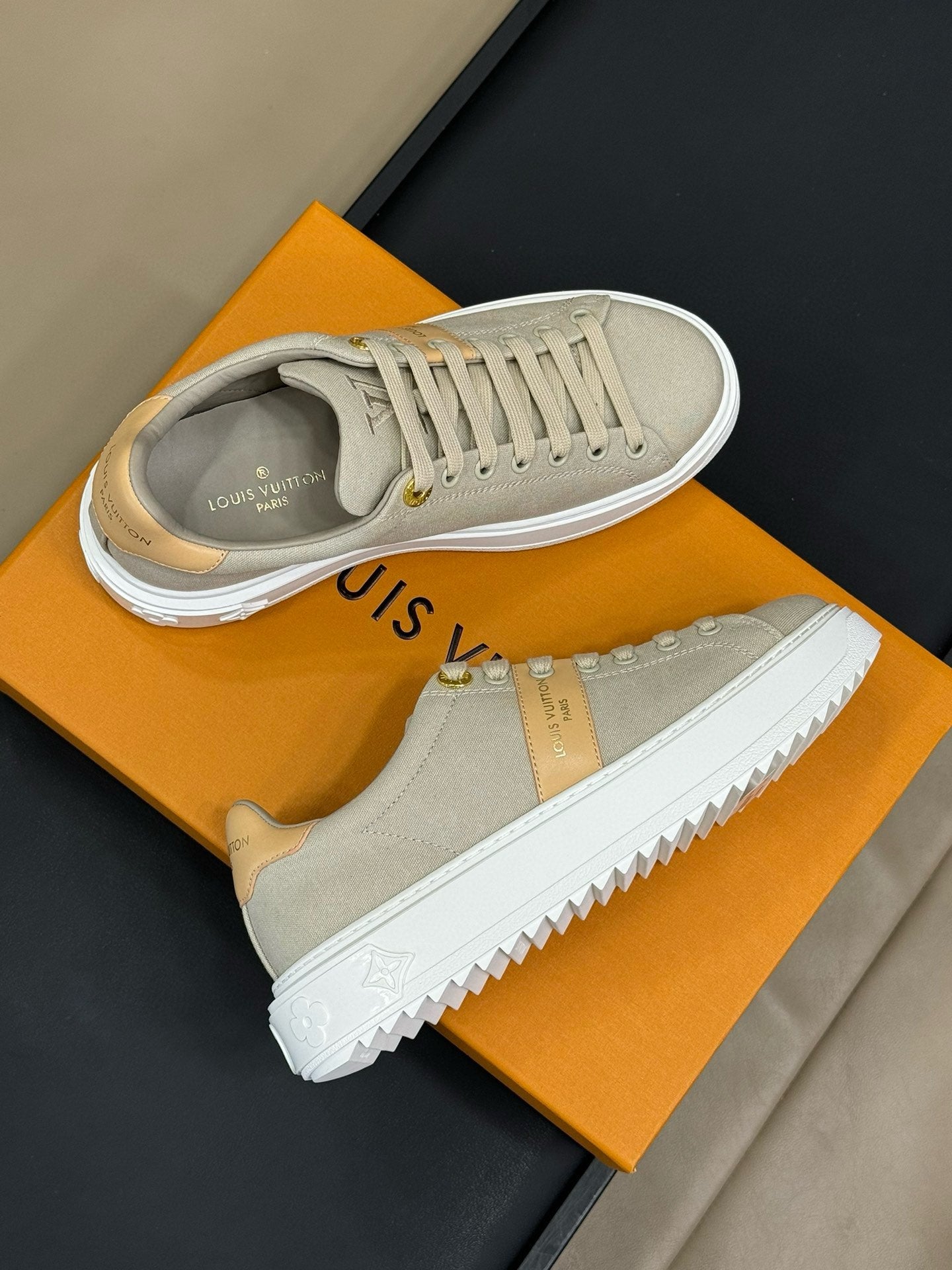 LOUIS VUITTON LV TIME OUT SNEAKER IN PASTEL GRAY MIX MACAROON GOLD CANVAS