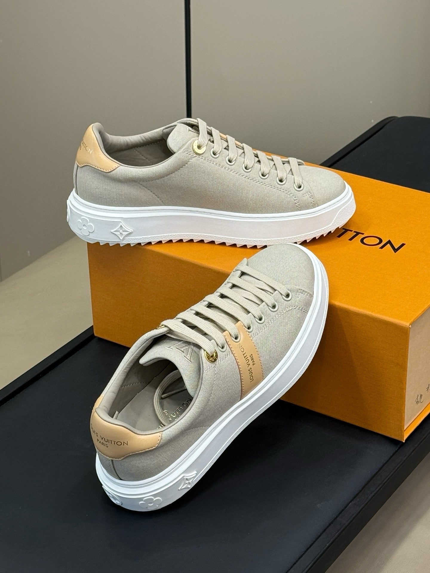 LOUIS VUITTON LV TIME OUT SNEAKER IN PASTEL GRAY MIX MACAROON GOLD CANVAS