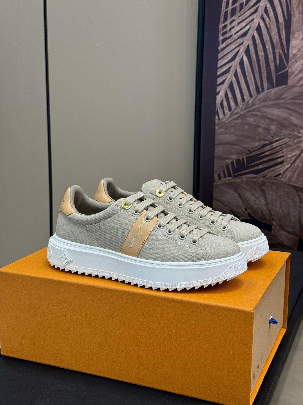 LOUIS VUITTON LV TIME OUT SNEAKER IN PASTEL GRAY MIX MACAROON GOLD CANVAS