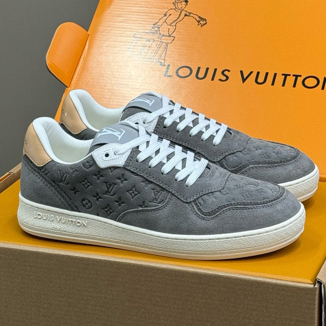 LOUIS VUITTON STADIUM SNEAKER IN DOVE GRAY EMBOSSED MONOGRAM SUEDE