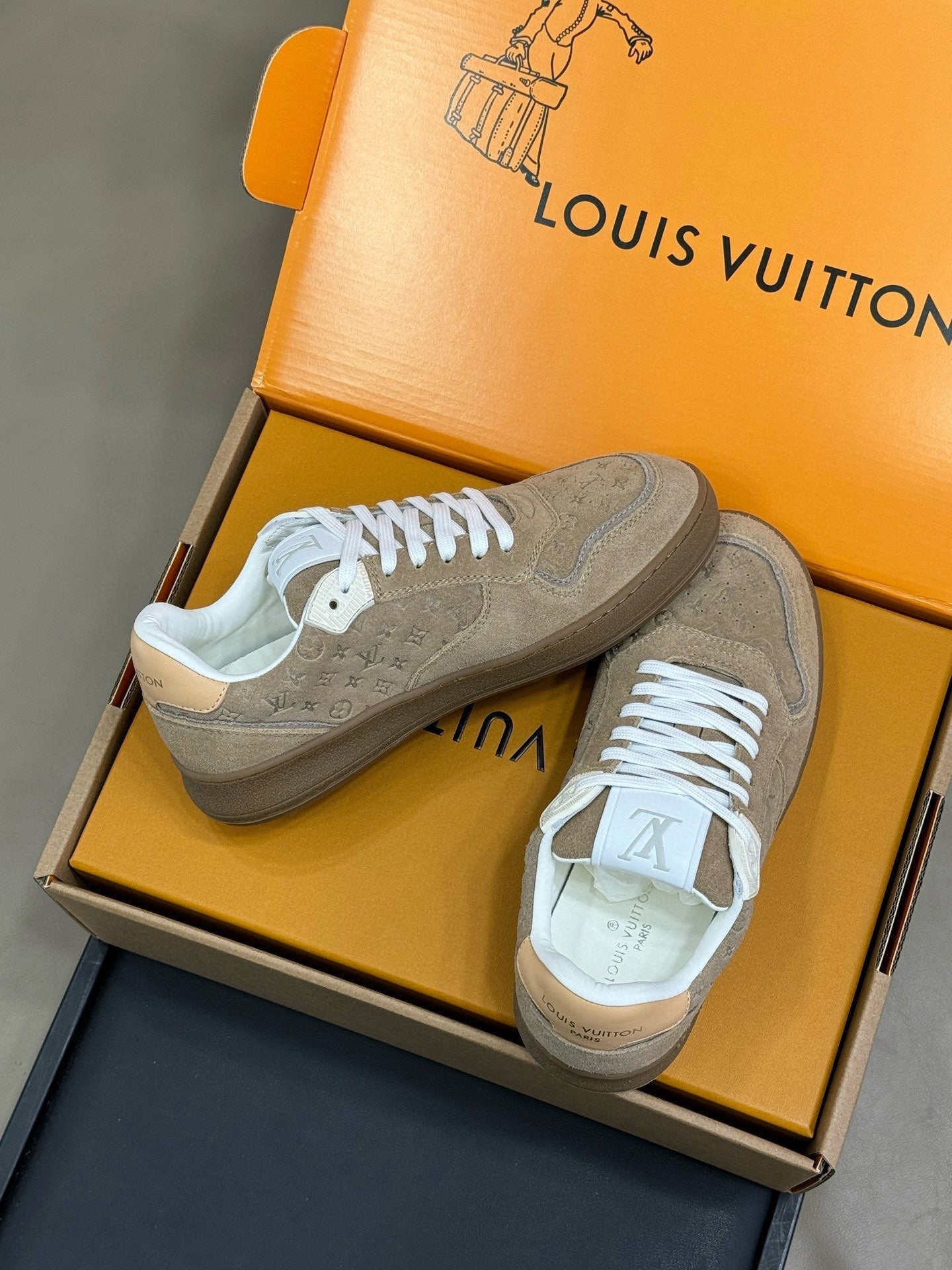LOUIS VUITTON STADIUM SNEAKER IN KHAKI BROWN EMBOSSED MONOGRAM SUEDE