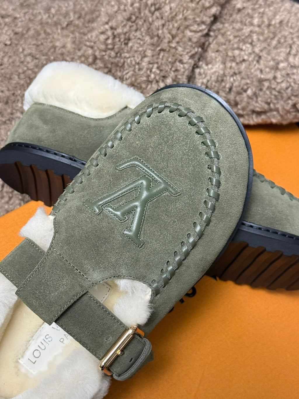 LOUIS VUITTON COLORADO COMFORT MARY JANE IN BASIL GREEN SUEDE AND SHEARLING LINING