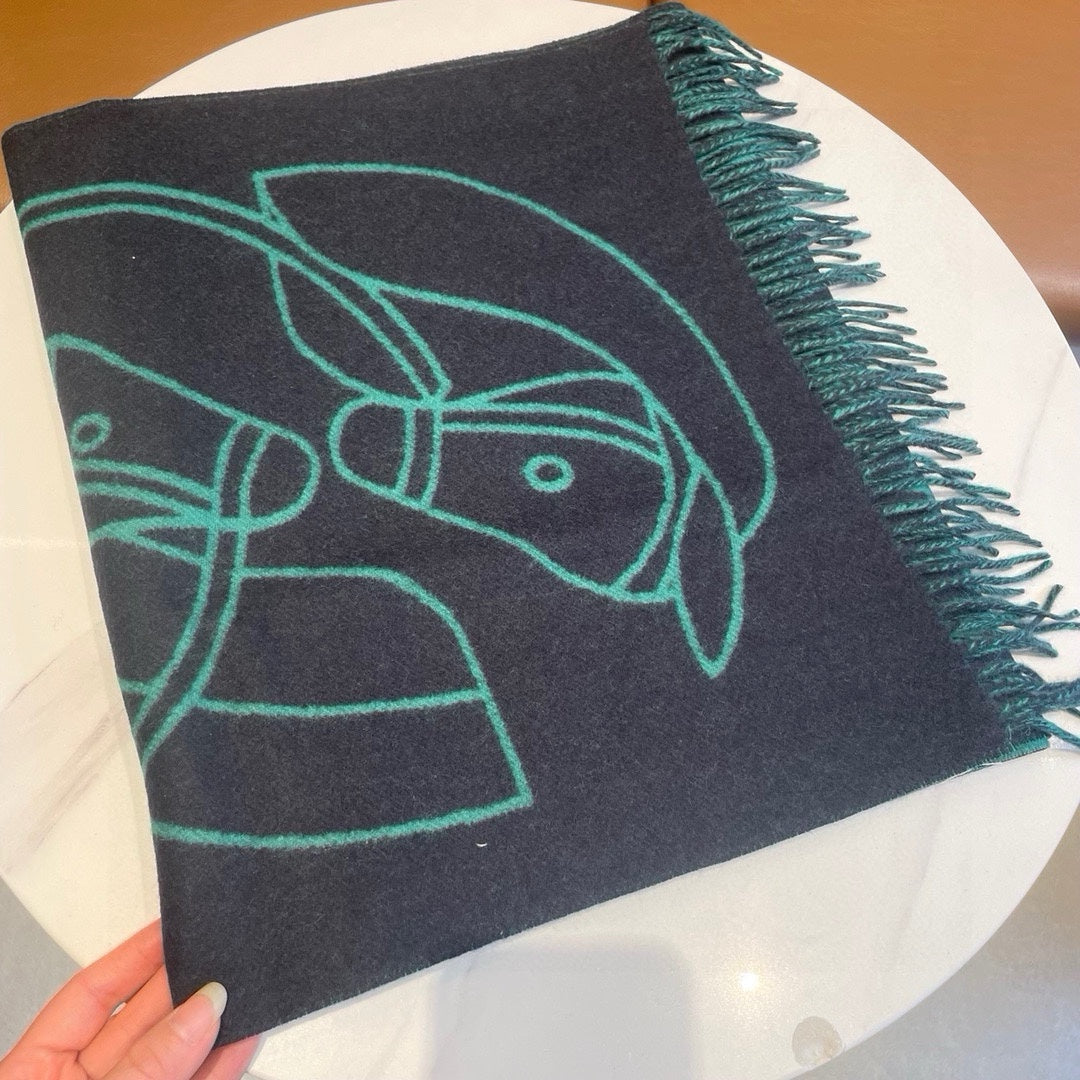 HERMES CASAQUE ENTRELACS EQUESTRES 190 CM SCARF IN PERSLAN GREEN CASERE