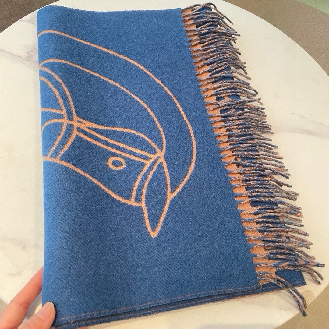HERMES CASAQUE ENTRELACS EQUESTRES 190 CM SCARF IN AZURE BLUE CASERE